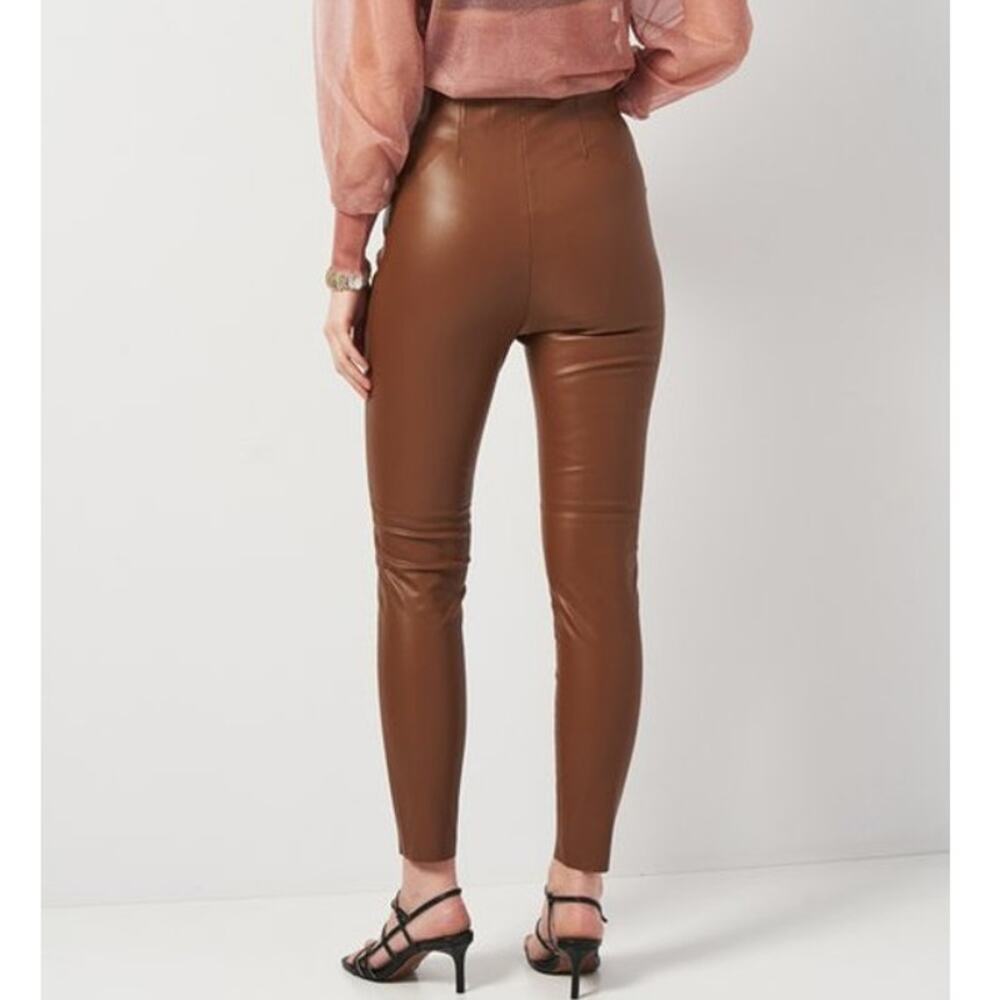 Zara Brown High Waisted Faux Leather Leggings Vegan Cognac Suede Lined Pants - Picture 6 of 14